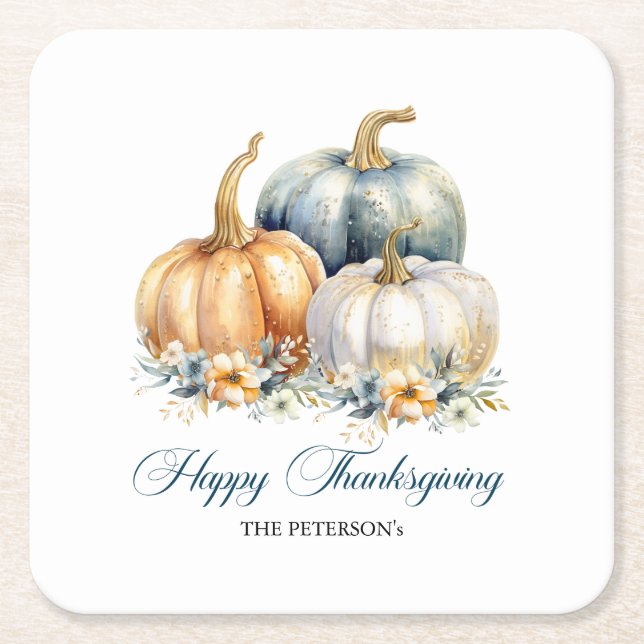 Happy Thanksgiving Blue Orange Gold Pumpkins Rechteckiger Pappuntersetzer (Vorderseite)