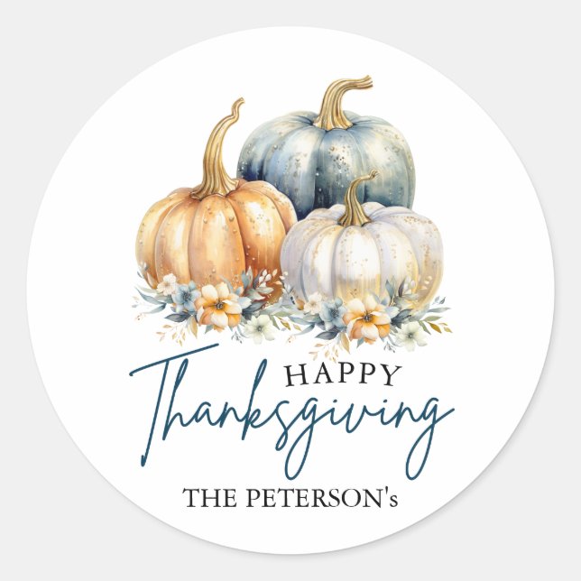 Happy Thanksgiving Blue Orange Gold Pumpkins Runder Aufkleber (Vorderseite)