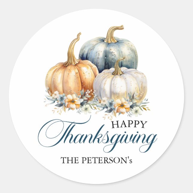 Happy Thanksgiving Blue Orange Gold Pumpkins Runder Aufkleber (Vorderseite)
