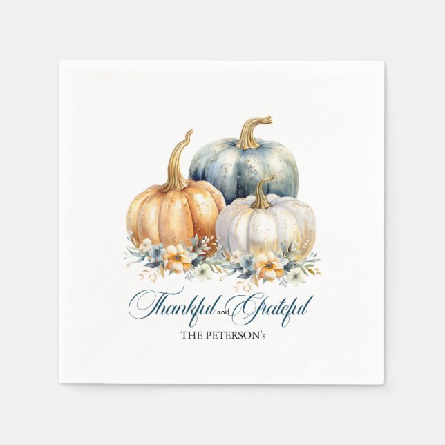 Happy Thanksgiving Blue Orange Gold Pumpkins Serviette (Vorderseite)
