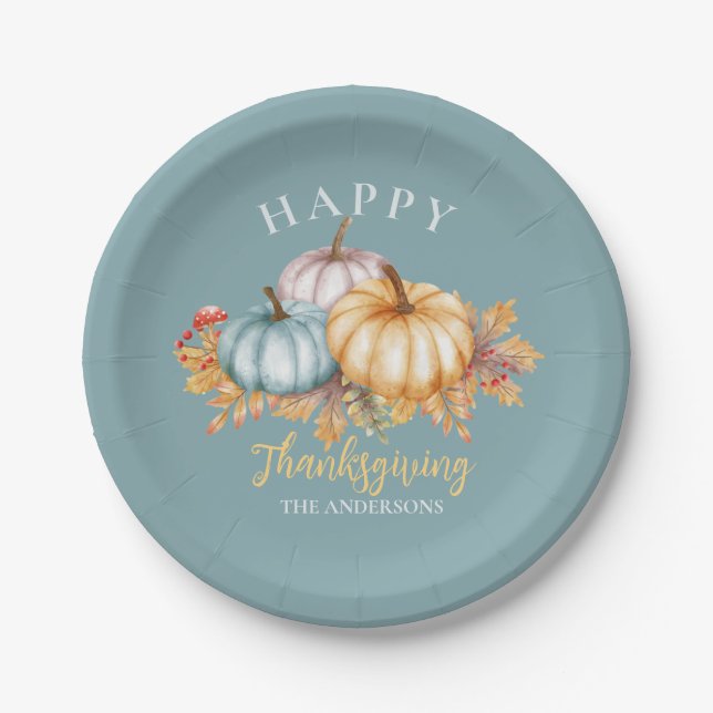 Happy Thanksgiving Blumenkürbis blau Pappteller (Vorderseite)