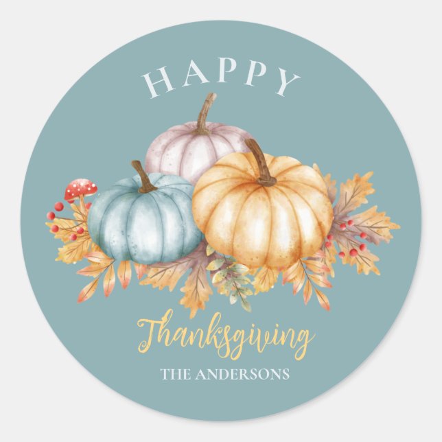 Happy Thanksgiving Blumenkürbis blau Runder Aufkleber (Vorderseite)
