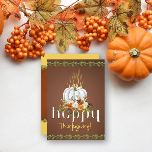 Happy Thanksgiving Boho Floral Pumpkin Brown Flat Feiertagskarte