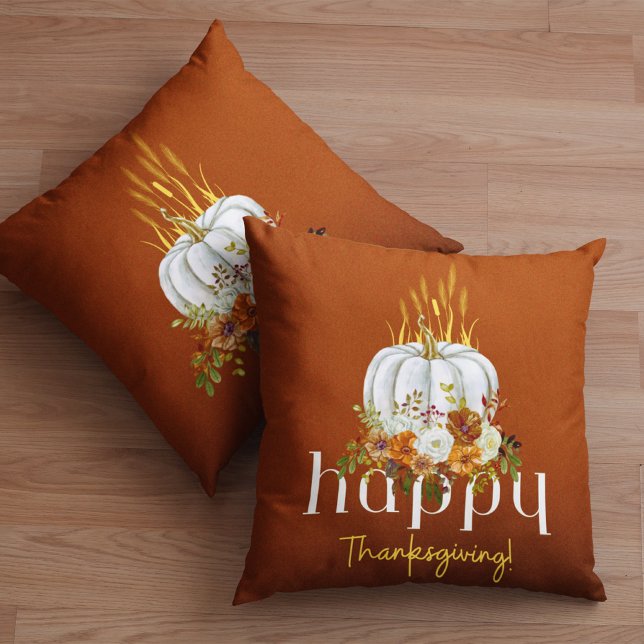 Happy Thanksgiving Brown Autumn Floral Pumpkin Kissen (Von Creator hochgeladen)