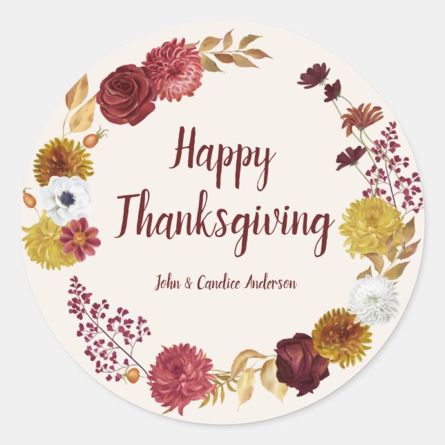 Happy Thanksgiving Burgundy Gold Floral Wreath Runder Aufkleber (Vorderseite)