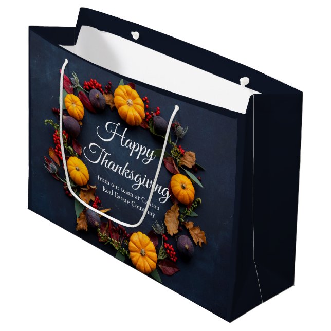 Happy Thanksgiving Business Pumpkin Wreath Custom Große Geschenktüte (Vorderseite Schrägansicht)