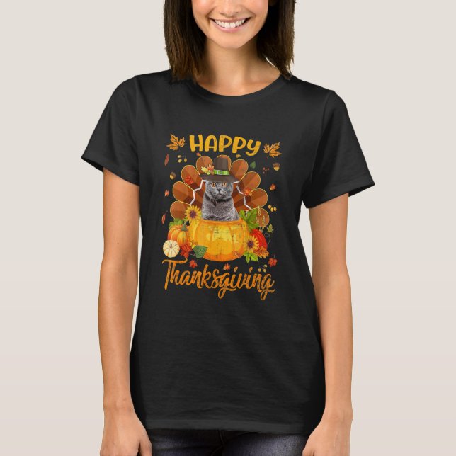 Happy Thanksgiving Cat Turkey Pumpkin T-Shirt (Vorderseite)