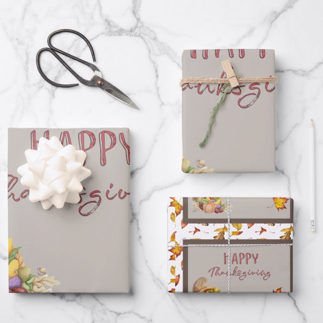 Happy Thanksgiving Cornucopia Basket Herbstlaube Geschenkpapier Set (Vorderseite)
