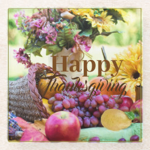 Happy Thanksgiving Cornucopia Obsttrauben Apfel Glasuntersetzer
