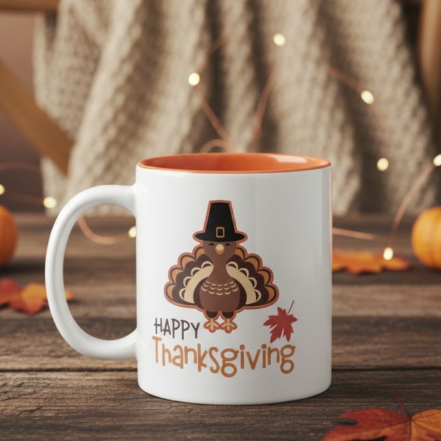 Happy Thanksgiving Cute Pilgrim Turkey Zweifarbige Tasse (Happy Thanksgiving Cute Pilgrim Turkey Two-Tone Coffee Mug)