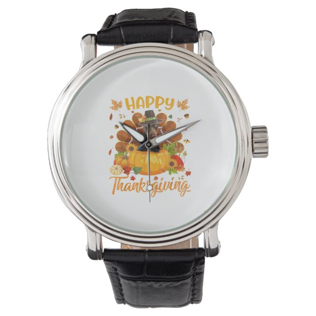 Happy Thanksgiving Doberman Dog Türkei Pumpkin Armbanduhr (Vorderseite)
