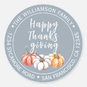 Happy Thanksgiving Dusty Blue Name Rücksendeadress Runder Aufkleber