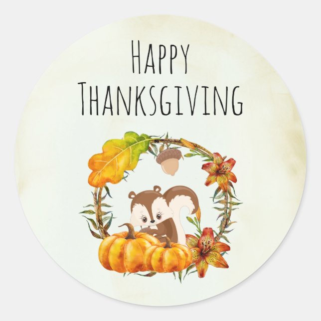 Happy Thanksgiving Eichhörnchen und Pumpkins Rusti Runder Aufkleber (Vorderseite)