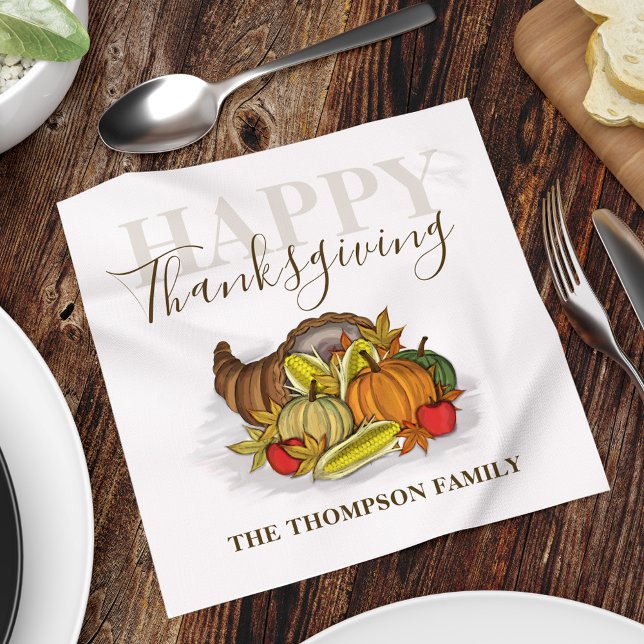 Happy Thanksgiving einfache Herbsternte nach Maß Serviette (Happy Thanksgiving cornucopia custom Holiday paper napkin, )