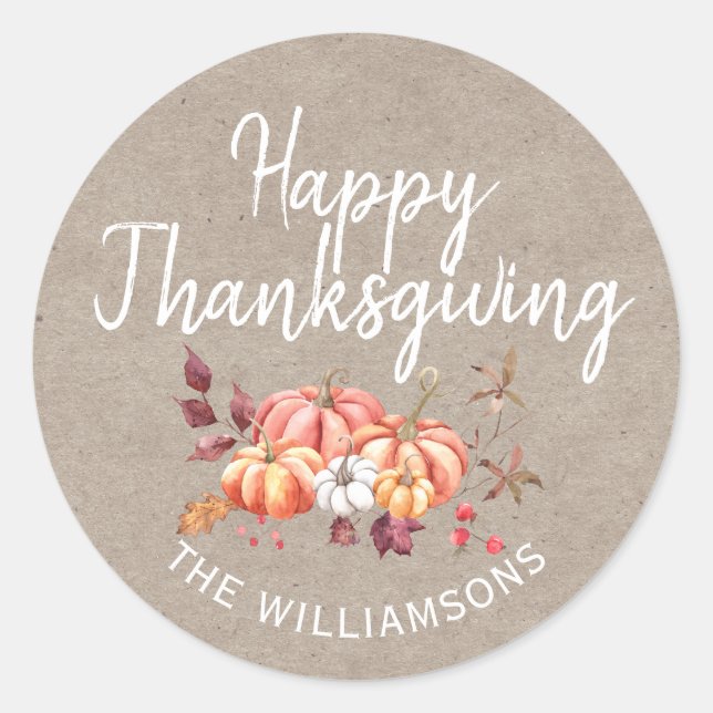 Happy Thanksgiving Fall Pumpkin Kraft Paper Runder Aufkleber (Vorderseite)