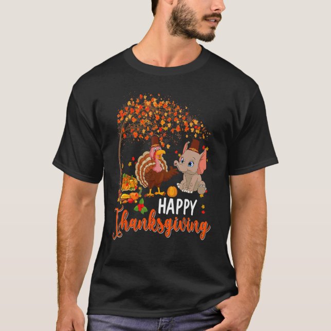 Happy Thanksgiving Fall Tree Türkei und Elephant W T-Shirt (Vorderseite)
