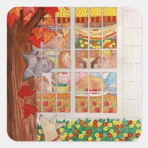 Happy Thanksgiving Family Mahl Szene Quadratischer Aufkleber