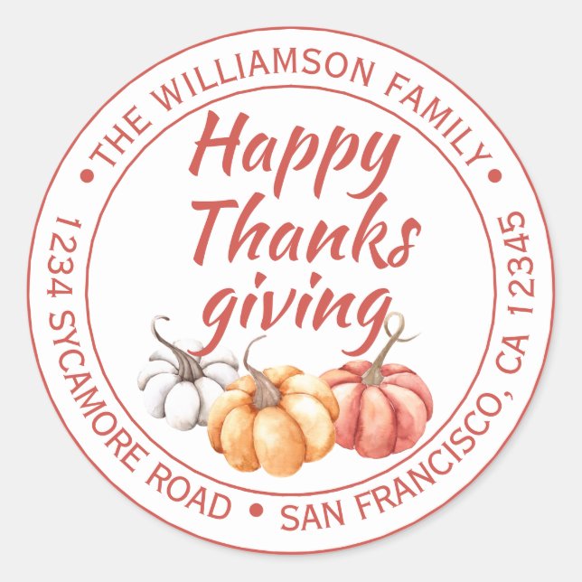 Happy Thanksgiving Family Name Rücksendeadresse Runder Aufkleber (Vorderseite)