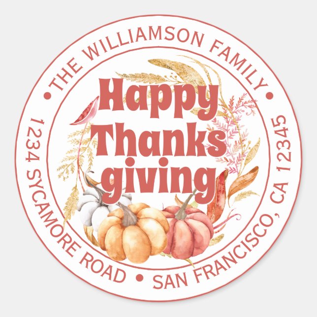 Happy Thanksgiving Family Name Rücksendeadresse Runder Aufkleber (Vorderseite)