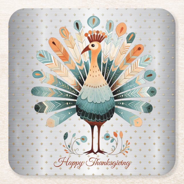 Happy Thanksgiving farbenfrohe Türkei Goldene Ster Rechteckiger Pappuntersetzer (Vorderseite)
