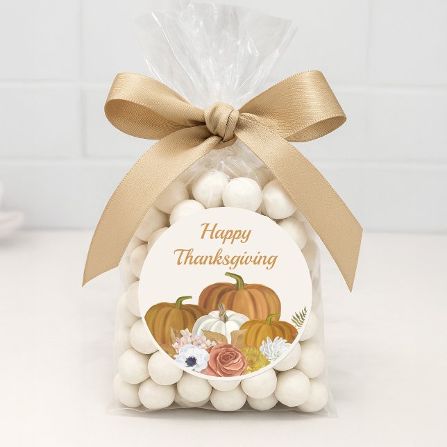 Happy Thanksgiving Floral Burgundy Orange Pumpkins Runder Aufkleber (Happy Thanksgiving sticker)