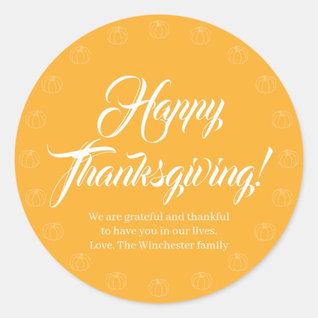 Happy Thanksgiving Gelbe Skripttext niedlich Kürbi Runder Aufkleber (Vorderseite)