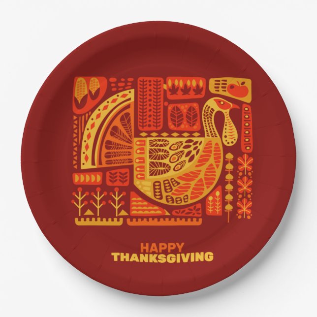 Happy Thanksgiving Geometric Abstrakt Orange Brown Pappteller (Vorderseite)