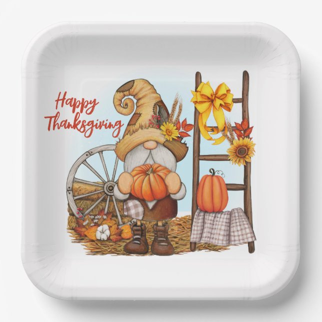 Happy Thanksgiving Gnome Paper Plate Pappteller (Vorderseite)