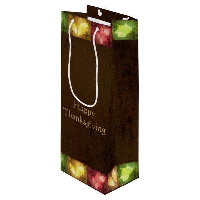 Happy Thanksgiving Grunge Blätter Geschenktüte Für Weinflaschen (Vorderseite Schrägansicht)