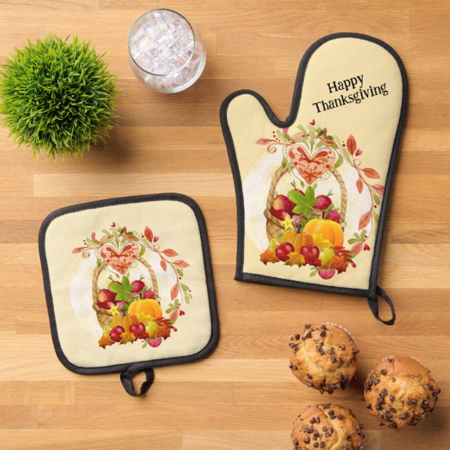 Happy Thanksgiving Harvest Basket Ofenhandschuh & Topflappen-Set (Oben Unten)