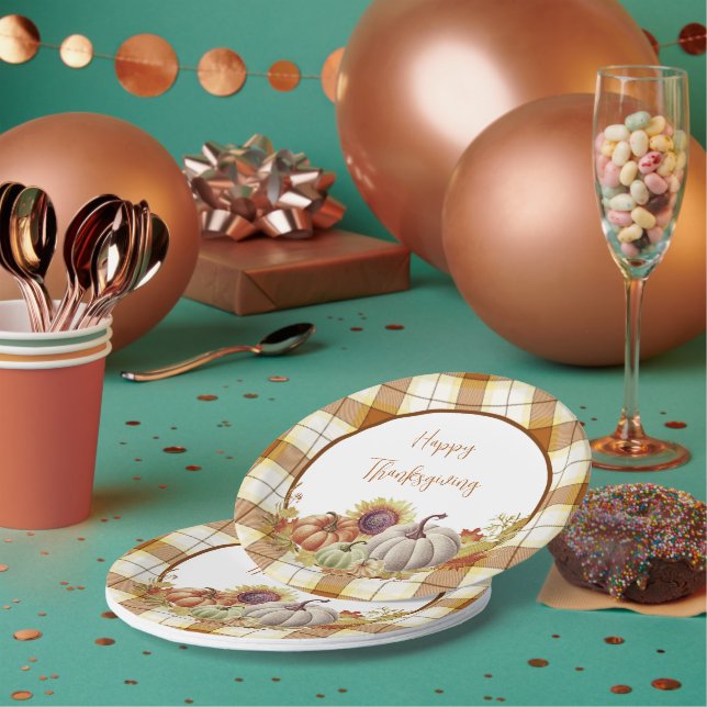 Happy Thanksgiving kariert und Kürbisse Papier Tel Pappteller (Multi)