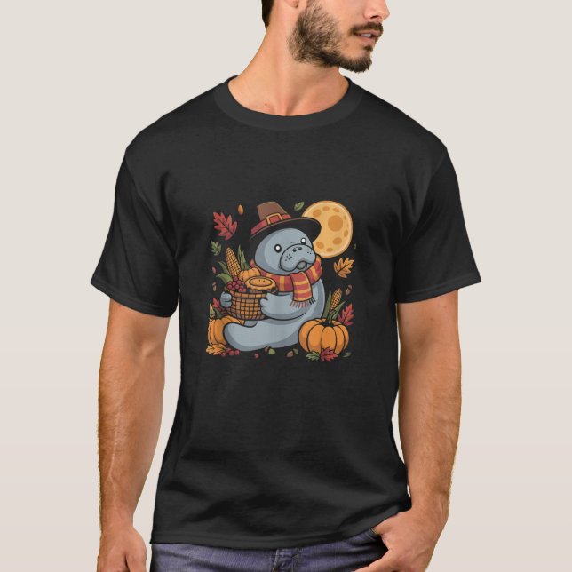 Happy Thanksgiving Manatee with Pumpkin Pie Autumn T-Shirt (Vorderseite)