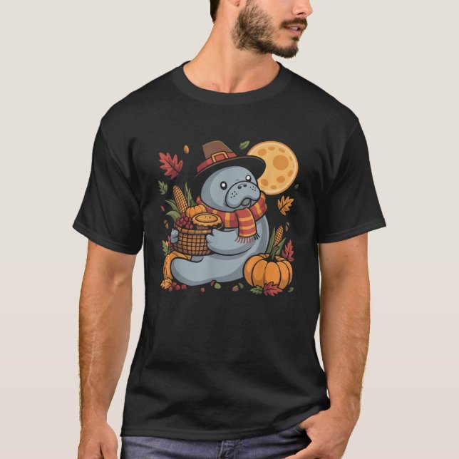 Happy Thanksgiving Manatee with Pumpkin Pie Autumn T-Shirt (Vorderseite)