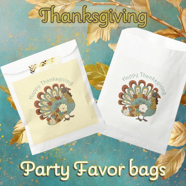 Happy Thanksgiving Mute Fall Farbige Türkei Geschenktütchen (Thanksgiving Party Favor Bags with Muted Fall Colored Turkey and words say 'Happy Thanksgiving')