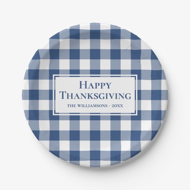 Happy Thanksgiving Name Blue White Gingham Kariert Pappteller (Vorderseite)