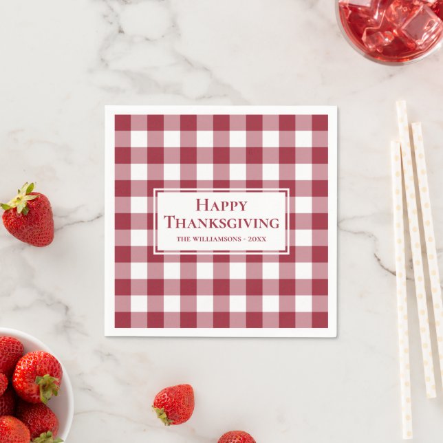 Happy Thanksgiving Name Burgundy Gingham Karo Serviette (Beispiel)