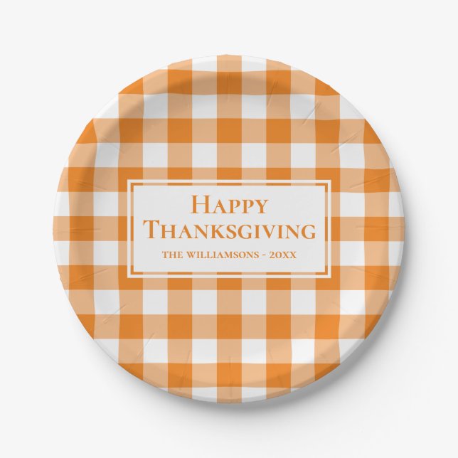 Happy Thanksgiving Name Orange White Gingham Karie Pappteller (Vorderseite)