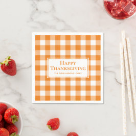 Happy Thanksgiving Name Orange White Gingham Karo Serviette