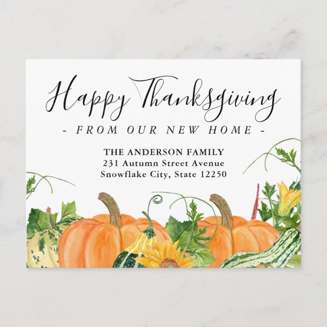 Happy Thanksgiving New Zuhause Pumpkin Holiday Mov Ankündigungspostkarte (Vorderseite)