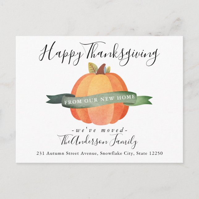Happy Thanksgiving New Zuhause Pumpkin Holiday Mov Ankündigungspostkarte (Vorderseite)