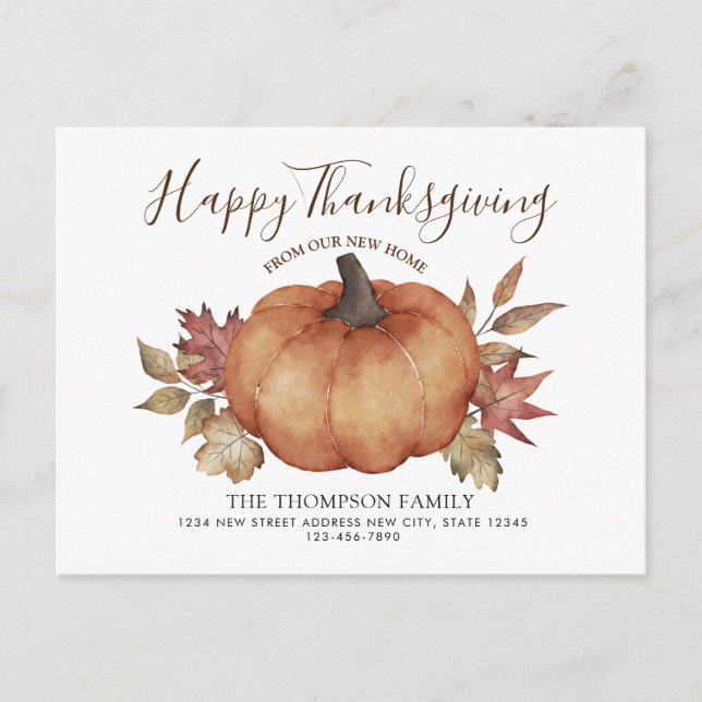 Happy Thanksgiving New Zuhause Pumpkin Moving Ankündigungspostkarte (Vorderseite)