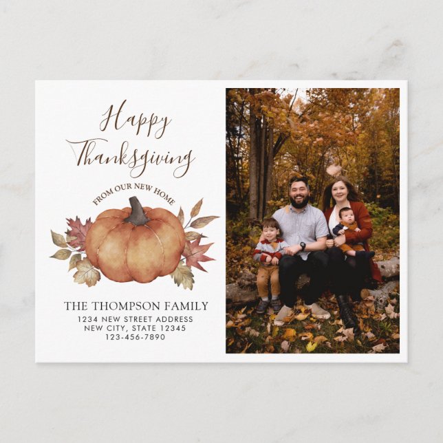 Happy Thanksgiving New Zuhause Pumpkin Moving Foto Ankündigungspostkarte (Vorderseite)