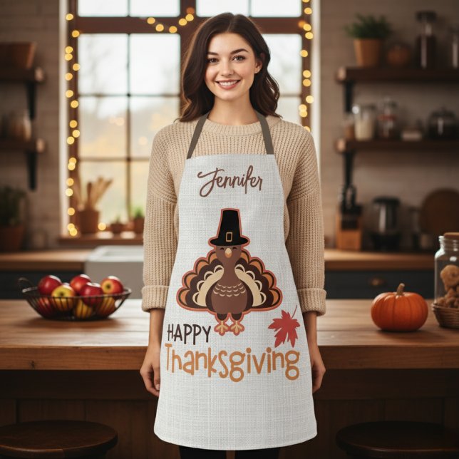Happy Thanksgiving Niedlich Pilgrim Türkei Custom Schürze (Happy Thanksgiving Cute Pilgrim Turkey Custom Apron. Just add your name!)