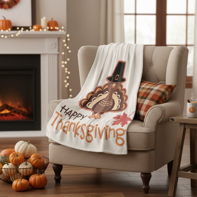 Happy Thanksgiving Niedlich Pilgrim Türkei Fleecedecke (Happy Thanksgiving Cute Pilgrim Turkey Fleece Blanket)