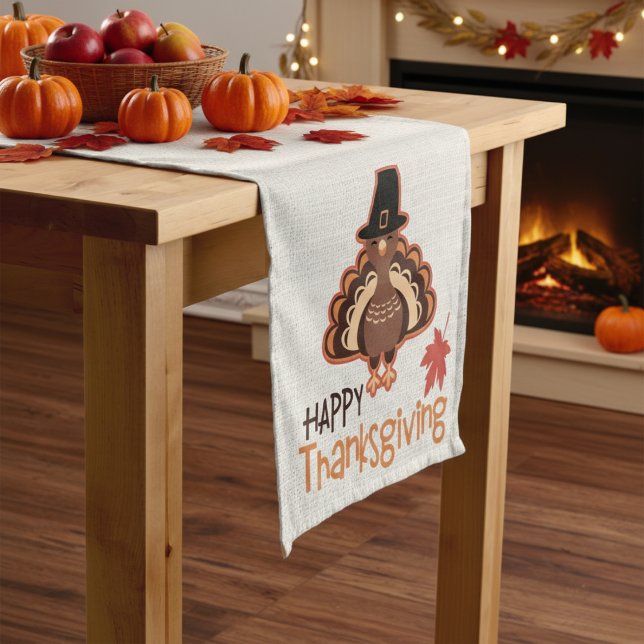 Happy Thanksgiving Niedlich Pilgrim Türkei Kurzer Tischläufer (Happy Thanksgiving Cute Pilgrim Turkey Short Table Runner)