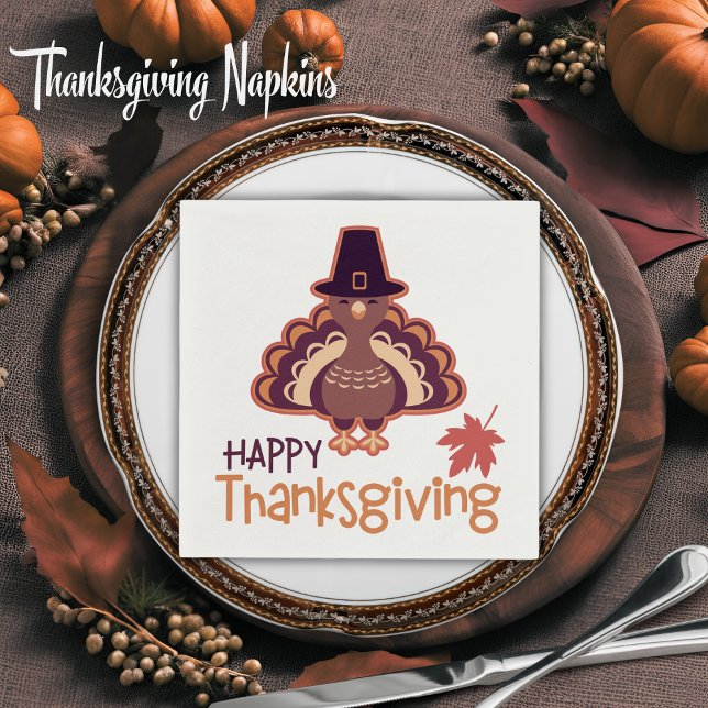 Happy Thanksgiving Niedlich Pilgrim Türkei Serviette (Happy Thanksgiving Cute Pilgrim Turkey Napkins)