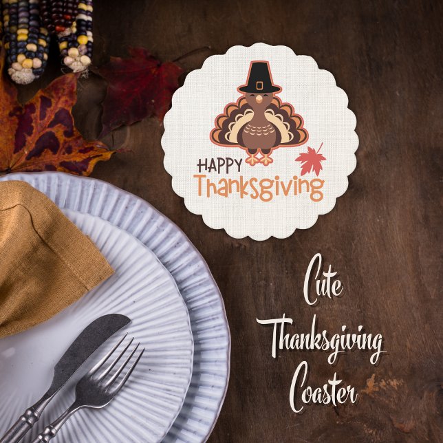 Happy Thanksgiving Niedlich Pilgrim Türkei Untersetzer (Happy Thanksgiving Cute Pilgrim Turkey Paper Coaster)