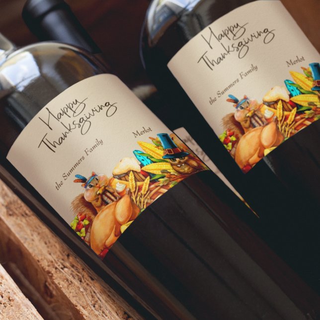 Happy Thanksgiving Niedlicher Tiere Geschenk Weinetikett (Von Creator hochgeladen)