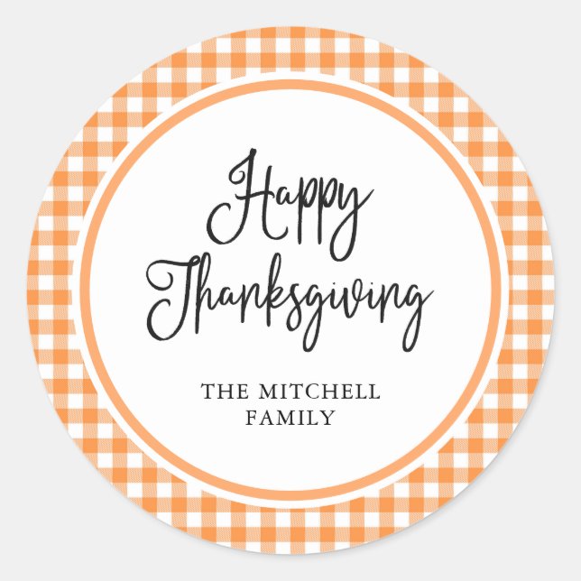 Happy Thanksgiving | Orange Gingham Runder Aufkleber (Vorderseite)
