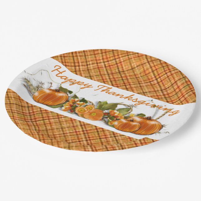 Happy Thanksgiving Orange Kariert Paper Teller (Schrägansicht)